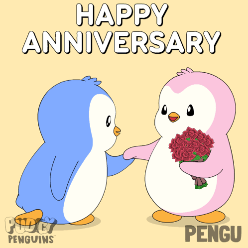 A Penguin Holding A Bouquet Of Red Roses With The Words Happy Anniversary Written Above It GIF