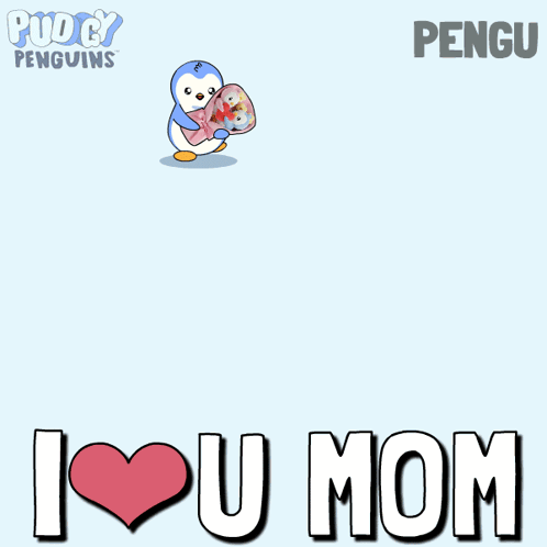 A Penguin Holding A Bouquet Of Stuffed Penguins With The Words I Love U Mom GIF
