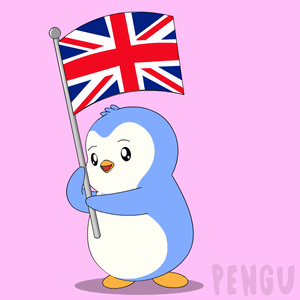 A Penguin Holding A British Flag With The Word Pengu On The Bottom Right GIF