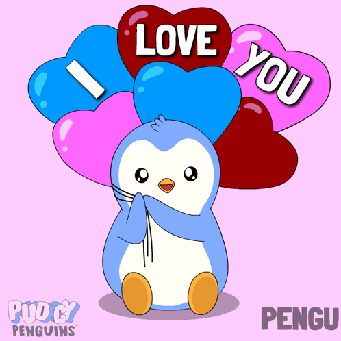 A Penguin Holding A Bunch Of Heart Shaped Balloons That Say " Love You " GIF