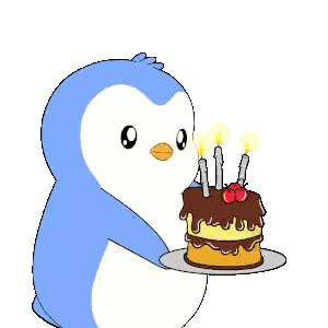 a penguin holding a cake with candles and the words i 'm going to become a pengu millionaire !