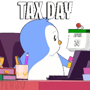 a penguin holding a calendar that says april 14 on it