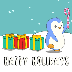 A Penguin Holding A Candy Cane And Gifts With The Words Happy Holidays Below GIF
