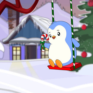 A Penguin Holding A Candy Cane While Sitting On A Swing GIF