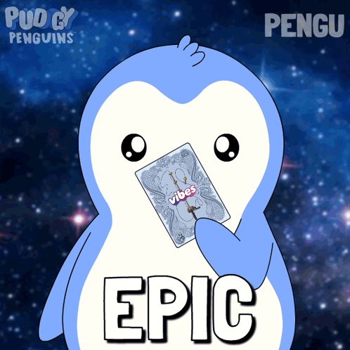 a penguin holding a card that says vibes on it