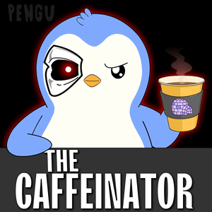 A Penguin Holding A Cup Of Coffee With The Words " The Caffeinator " On The Bottom GIF