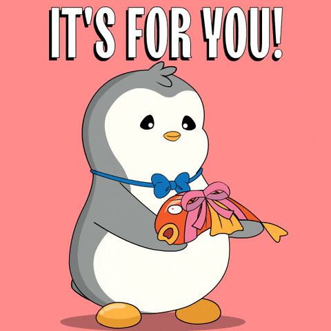 A Penguin Holding A Fish With The Words " It 'S For You " On The Bottom GIF