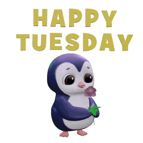 a penguin holding a flower with the words happy tuesday above it