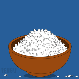 A Penguin Holding A Fork And Spoon In A Bowl Of Rice GIF