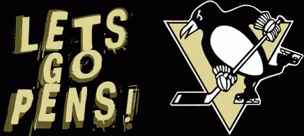 A Penguin Holding A Hockey Stick Next To The Words Let 'S Go Pens ! GIF