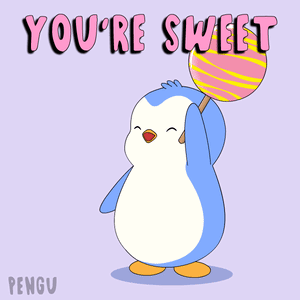 A Penguin Holding A Lollipop With The Words " You 'Re Sweet " Below It GIF