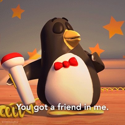 A Penguin Holding A Microphone With The Words You Got A Friend In Me GIF