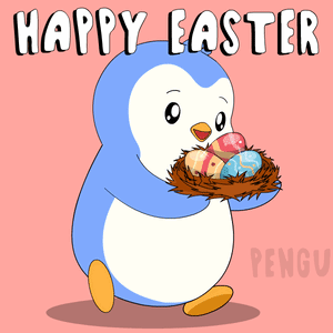 A Penguin Holding A Nest Of Easter Eggs With The Words Happy Easter Written Above It GIF