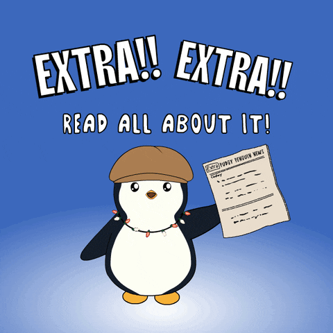 A Penguin Holding A Newspaper With The Words Extra Read All About It Below It GIF