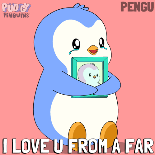 A Penguin Holding A Picture With The Words " I Love U From A Far " Below It GIF