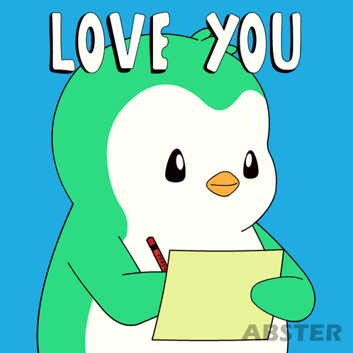 A Penguin Holding A Piece Of Paper With A Heart And The Words Love You Above It GIF