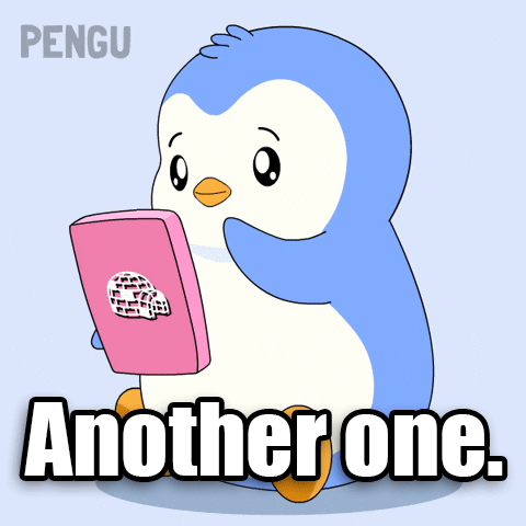 A Penguin Holding A Pink Box With The Words Another One Written Below It GIF