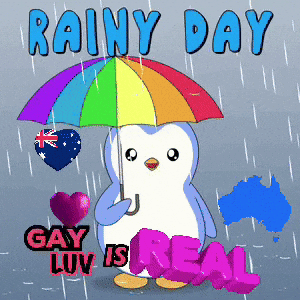 A Penguin Holding A Rainbow Colored Umbrella With The Words Rainy Day Gay Luv Is Real Below It GIF