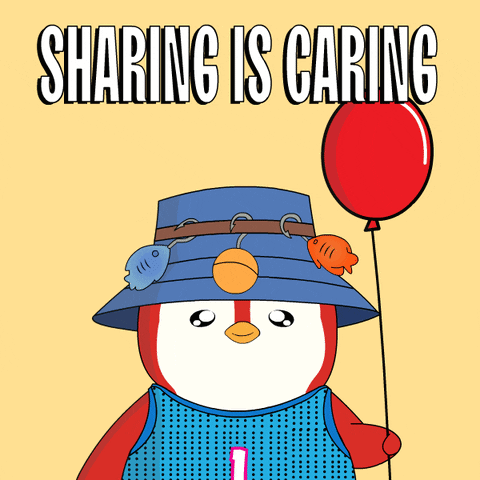 A Penguin Holding A Red Balloon With The Words Sharing Is Caring GIF