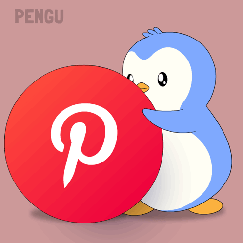 A Penguin Holding A Red Circle With The Pinterest Logo On It GIF