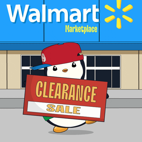 A Penguin Holding A Sign That Says Clearance Sale In Front Of A Walmart Store GIF