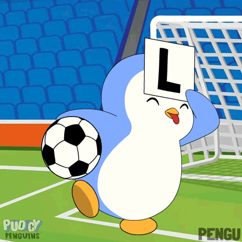 A Penguin Holding A Soccer Ball And A Sign That Says L On It GIF
