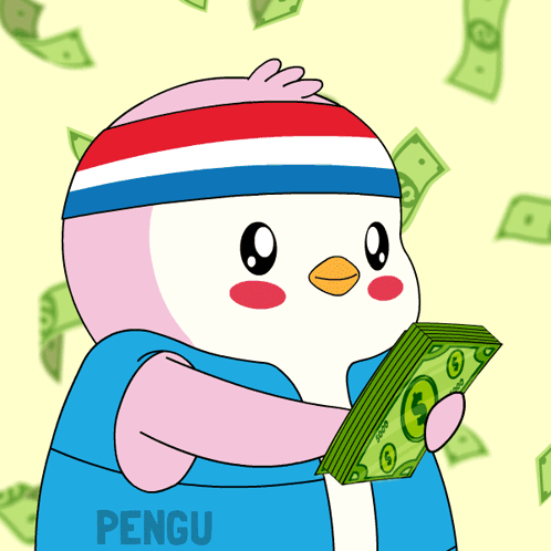 A Penguin Holding A Stack Of Money With The Word Pengu On The Bottom Right GIF