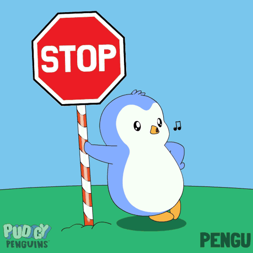A Penguin Holding A Stop Sign With A Cane GIF