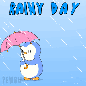 A Penguin Holding An Umbrella In The Rain With The Words Rainy Day GIF