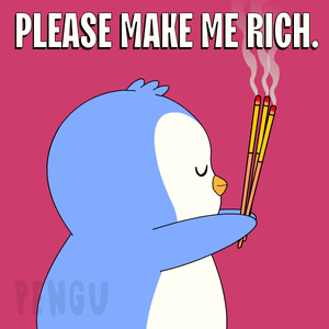 A Penguin Holding Incense Sticks With The Words Please Make Me Rich GIF