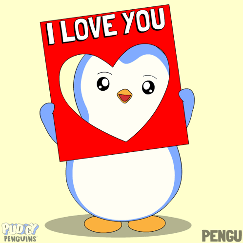 A Penguin Holding Up A Sign That Says I Love You GIF