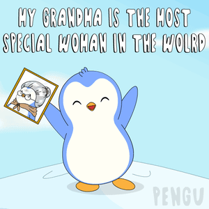 A Penguin Holds Up A Picture Of An Elderly Woman With The Caption My Grandma Is The Most Special Woman In The World GIF