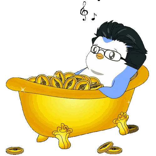 a penguin in a bathtub filled with gold coins
