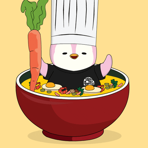 A Penguin In A Chef 'S Hat Is Holding A Carrot In A Bowl Of Food GIF
