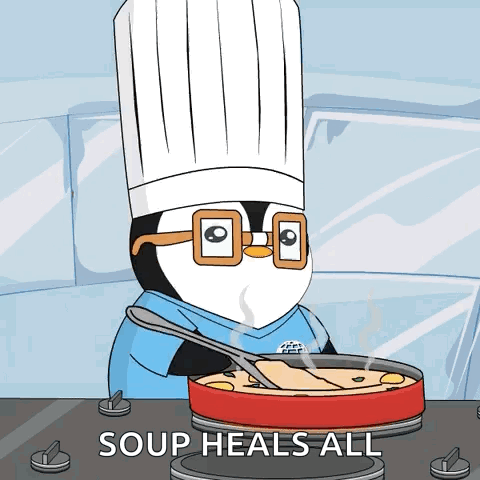A Penguin In A Chef 'S Hat Is Stirring A Pot Of Soup That Says Soup Heals All On The Bottom GIF