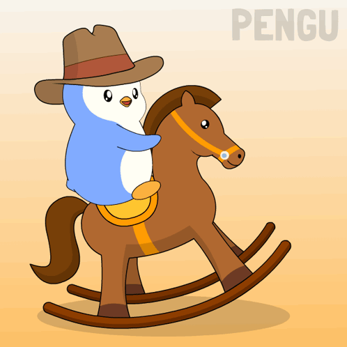 a penguin in a cowboy hat is riding on a rocking horse