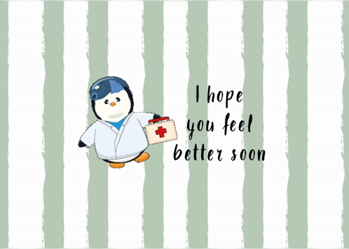 A Penguin In A Lab Coat Holding A First Aid Kit With The Words " I Hope You Feel Better Soon " Below It GIF