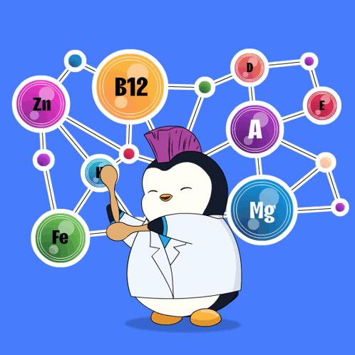 A Penguin In A Lab Coat Is Holding A Spoon In Front Of A Diagram Of Vitamins GIF