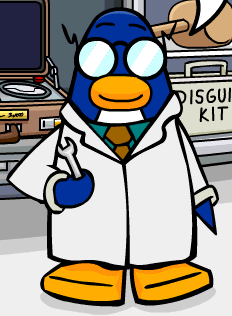 A Penguin In A Lab Coat Is Holding A Wrench In Front Of A Disguise Kit GIF