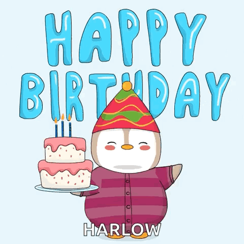 A Penguin In A Party Hat Is Holding A Birthday Cake GIF