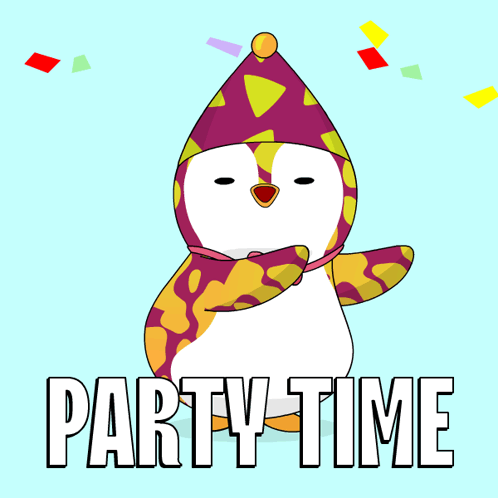 A Penguin In A Party Hat Is Surrounded By Confetti And The Words Party Time GIF