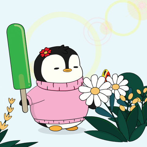 A Penguin In A Pink Sweater Is Holding An Ice Cream Bar And A Flower GIF