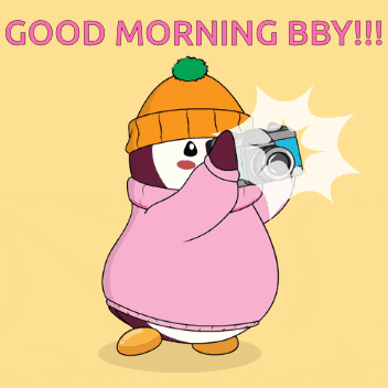 A Penguin In A Pink Sweater Is Taking A Picture With The Words Good Morning Bby GIF