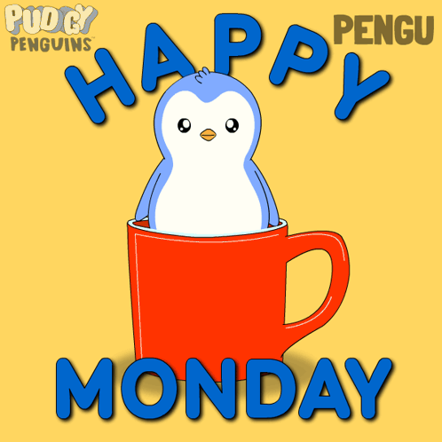 A Penguin In A Red Cup With The Words Happy Monday GIF