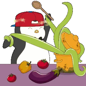 a penguin in a red hat is holding a wooden spoon while surrounded by vegetables