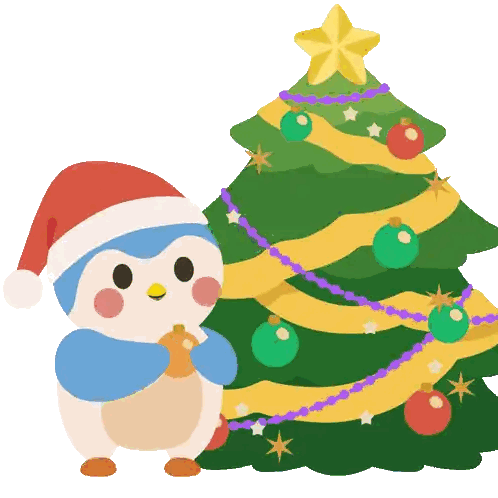 a penguin in a santa hat stands next to a christmas tree