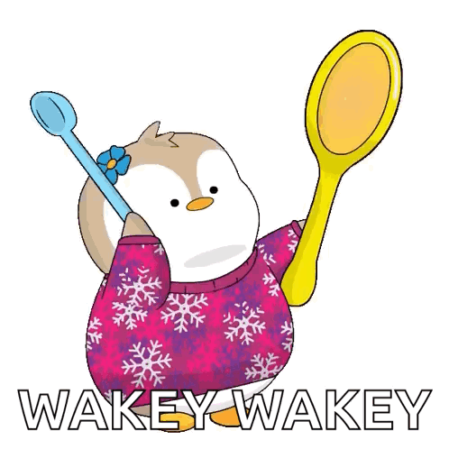 A Penguin In A Snowflake Sweater Is Holding A Mirror And Spoon GIF