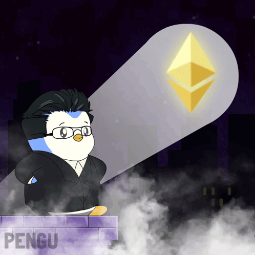 A Penguin In A Suit Stands In Front Of A Glowing Pyramid With The Word Pengu On The Bottom GIF
