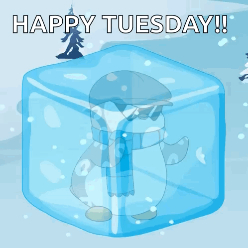 A Penguin In An Ice Cube With The Words Happy Tuesday Written Above It GIF