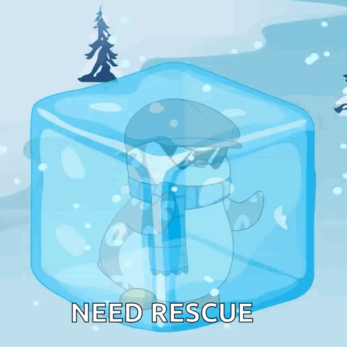 A Penguin In An Ice Cube With The Words Need Rescue GIF